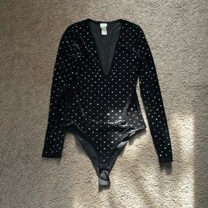 Black Velvet Rhinestone Studded Bodysuit Leotard One Piece H&M Women’s Small
